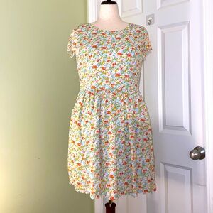 Maltida Jane NWT whimsical orange/blue/green floral lined dress w scallop edges